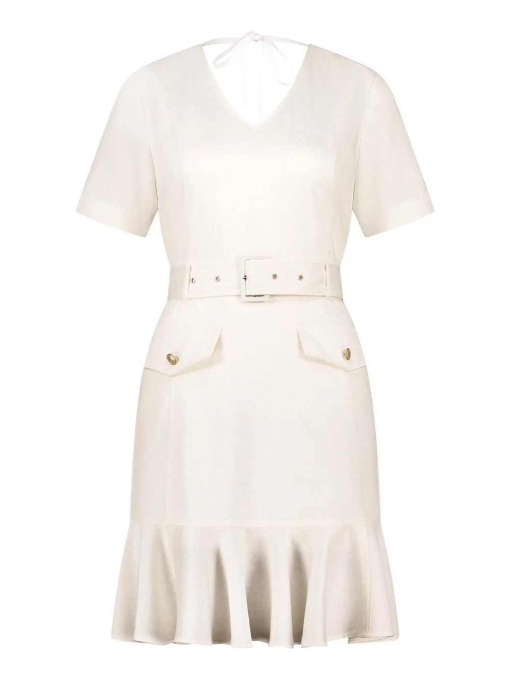 Cream V-Neck Belted Mini Dress with Pocket Flap Detail